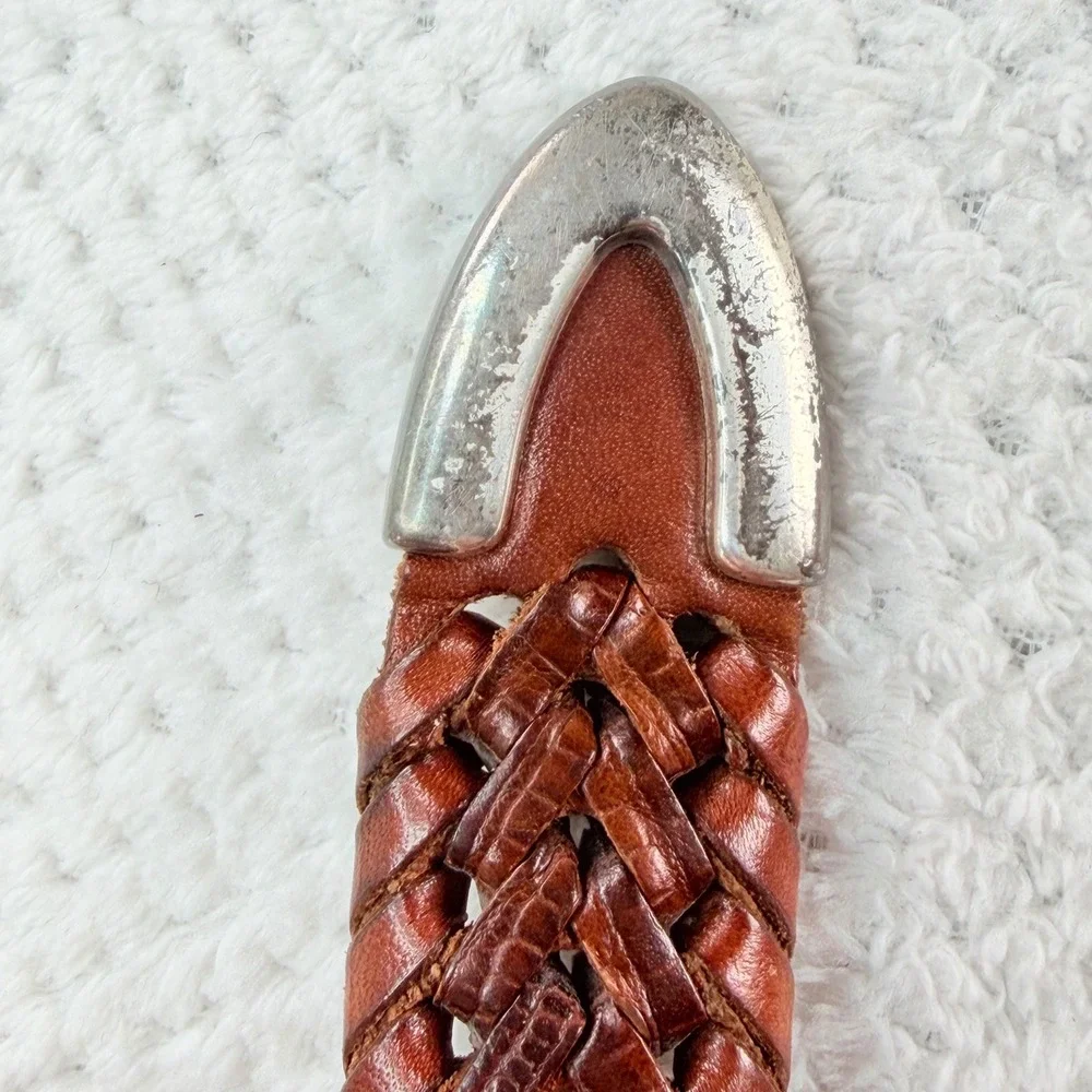Fossil Braided Leather Belt Brown Woven Silver Buckle Tip MB2265C0G Size 38